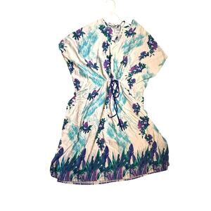Vntg 80s Hawaiian Caftan Dress | Purple Blue Floral Beach Cover Up Small Medium